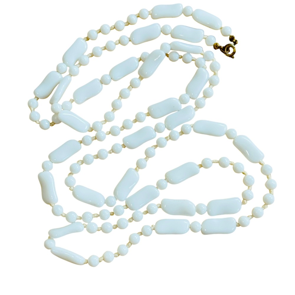 Vtg Milk Glass Flapper Necklace White Venetian‎ Art Deco colorful 20s Italy 50"